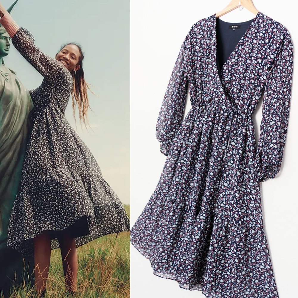 Madewell Tie Waist Midi Dress M Harvest Vine Floral Navy Blue Surplice Neck $148